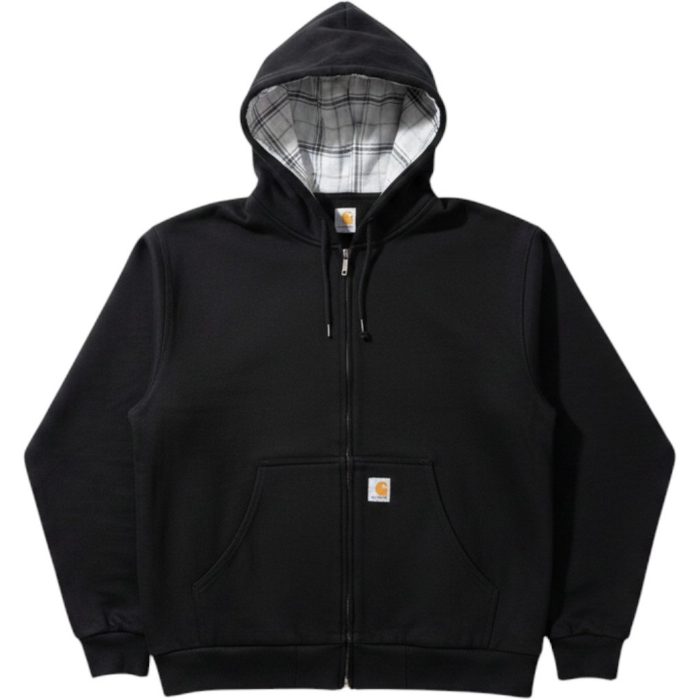 Carhartt Upcycled Mens Black‎ Full Zip Canvas Hoodie Plaid Lined M Skate Rugged